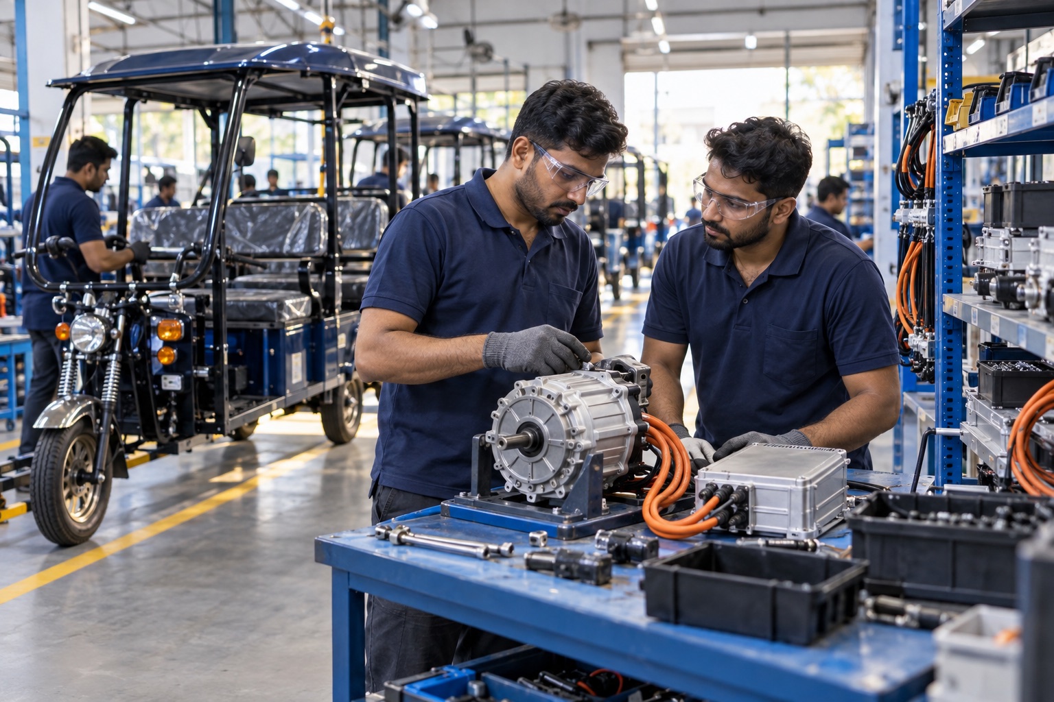 Illustration of technicians reviewing an electric rickshaw motor and controller in an assembly workshop.